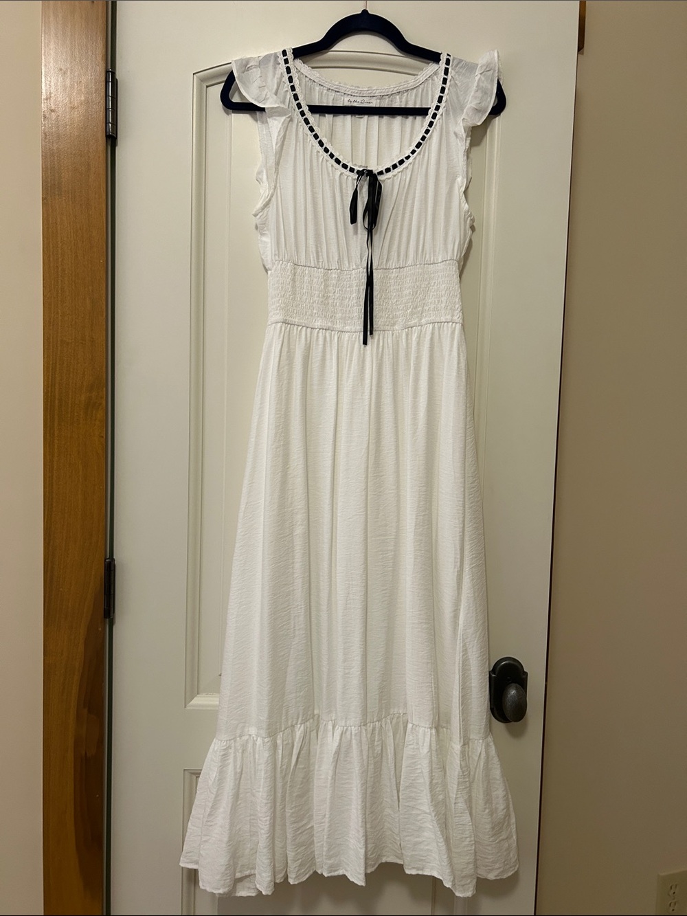 By the River White Maxi Dress with Black Tie Accent. Rushed Waistband Super soft